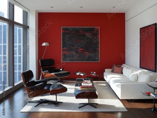 Red walls paired with minimalist furniture in light tones, creating a cozy yet bold modern family room