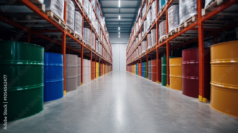 Fototapeta premium Organized Warehouse with Multicolored Storage Barrels