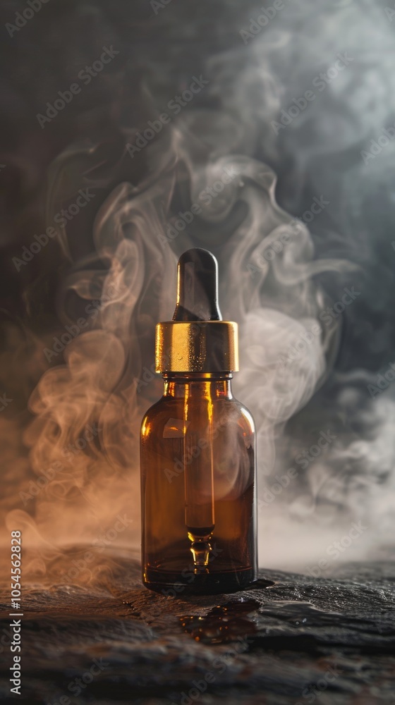 Amber Dropper Bottle Encased in Soft Mist, Old-World Apothecary Mystique style Amber Dropper Bottle Encased in Soft Mist, Old-World Apothecary Mystique style