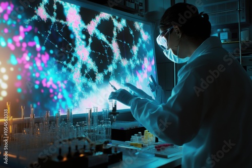 A scientist conducting experiments in a bioengineering lab, with advanced genetic editing tools and holographic simulations of molecular structures, Bioengineering research scene photo