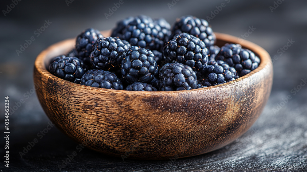 Wooden Bowl of Ripe Blackberries on a Dark Background Wooden Bowl of Ripe Blackberries on a Dark Background