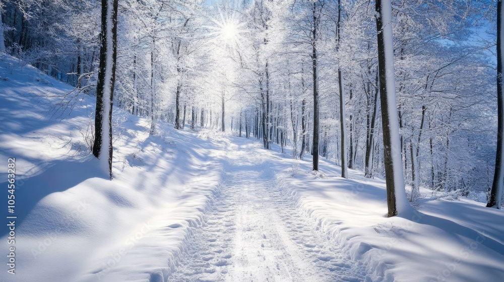 Serene Winter Pathway Through Snowy Forest Serene Winter Pathway Through Snowy Forest