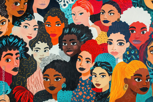 Numerous diverse women portrayed with unique facial features in a striking painting.