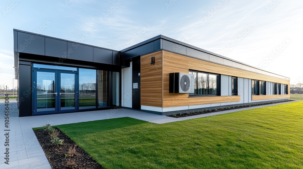 An energy-efficient heat pump is installed on a contemporary terrace of a modern home, highlighted by wooden slats and greenery An energy-efficient heat pump is installed on a contemporary terrace of a modern home, highlighted by wooden slats and greenery
