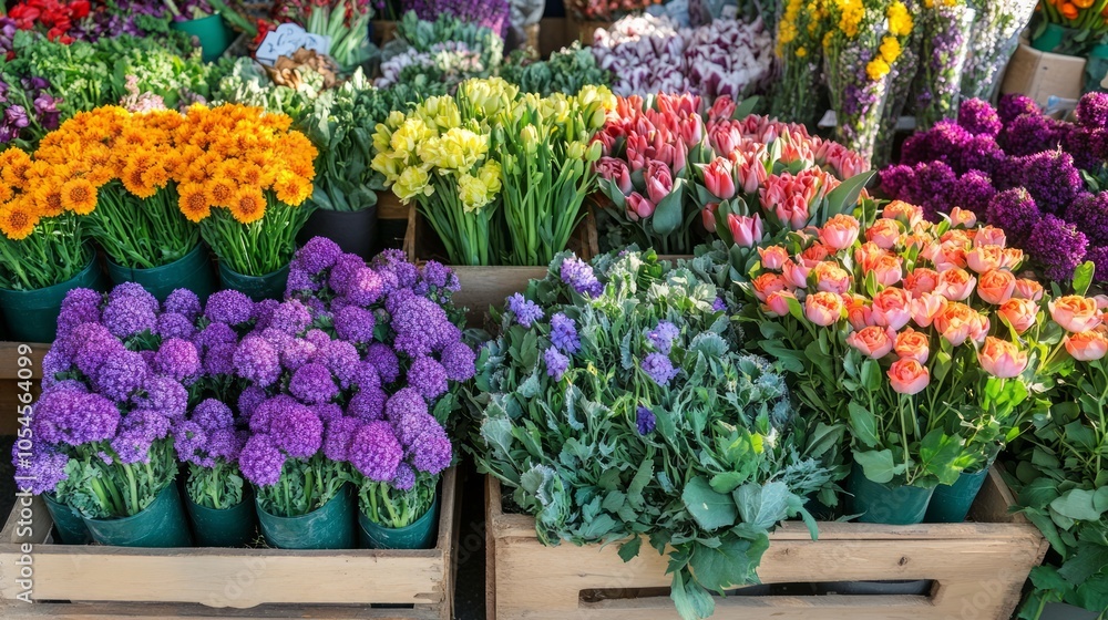 Fototapeta premium Vibrant Flower Market Display with Colorful Blooms in Wooden Crates