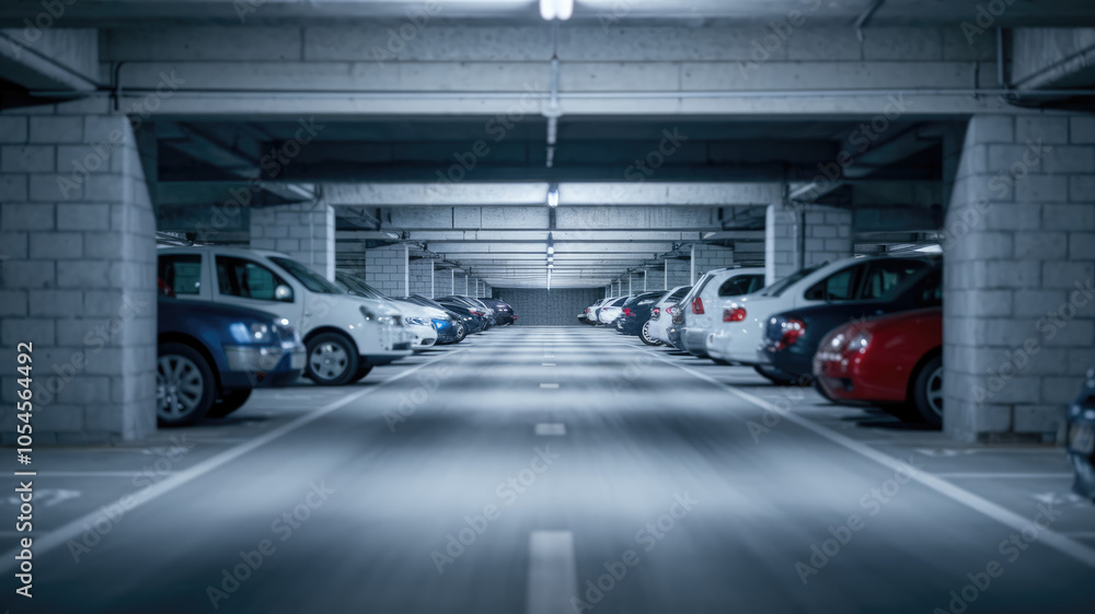 A parking lot with many cars parked in it. The cars are parked in rows and the lot is empty A parking lot with many cars parked in it. The cars are parked in rows and the lot is empty