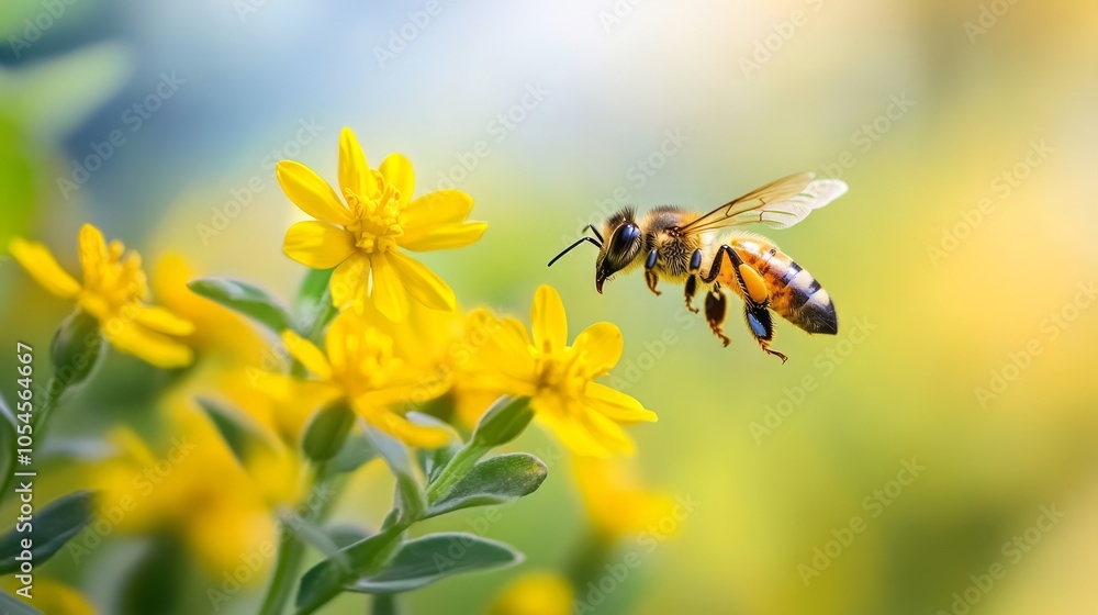 Close-up of a Honeybee Pollinating Bright Yellow Flowers in Nature Close-up of a Honeybee Pollinating Bright Yellow Flowers in Nature