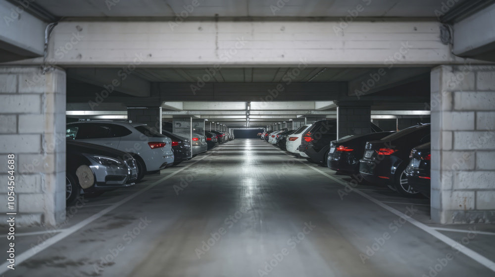 A parking lot with many cars parked in it. The cars are parked in rows and the lot is empty A parking lot with many cars parked in it. The cars are parked in rows and the lot is empty