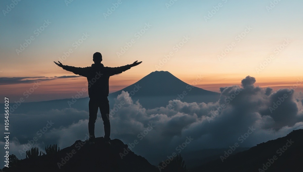 Man Standing on a Mountain Peak at Sunset Man Standing on a Mountain Peak at Sunset