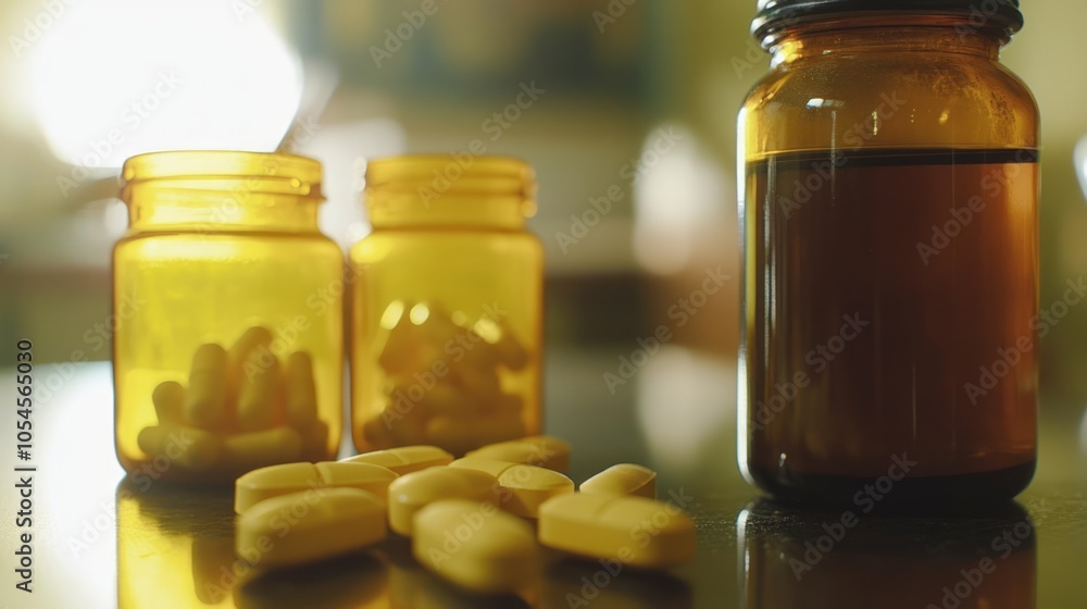 Close-Up of Prescription and Over-the-Counter Medication Bottles with Tablets Close-Up of Prescription and Over-the-Counter Medication Bottles with Tablets