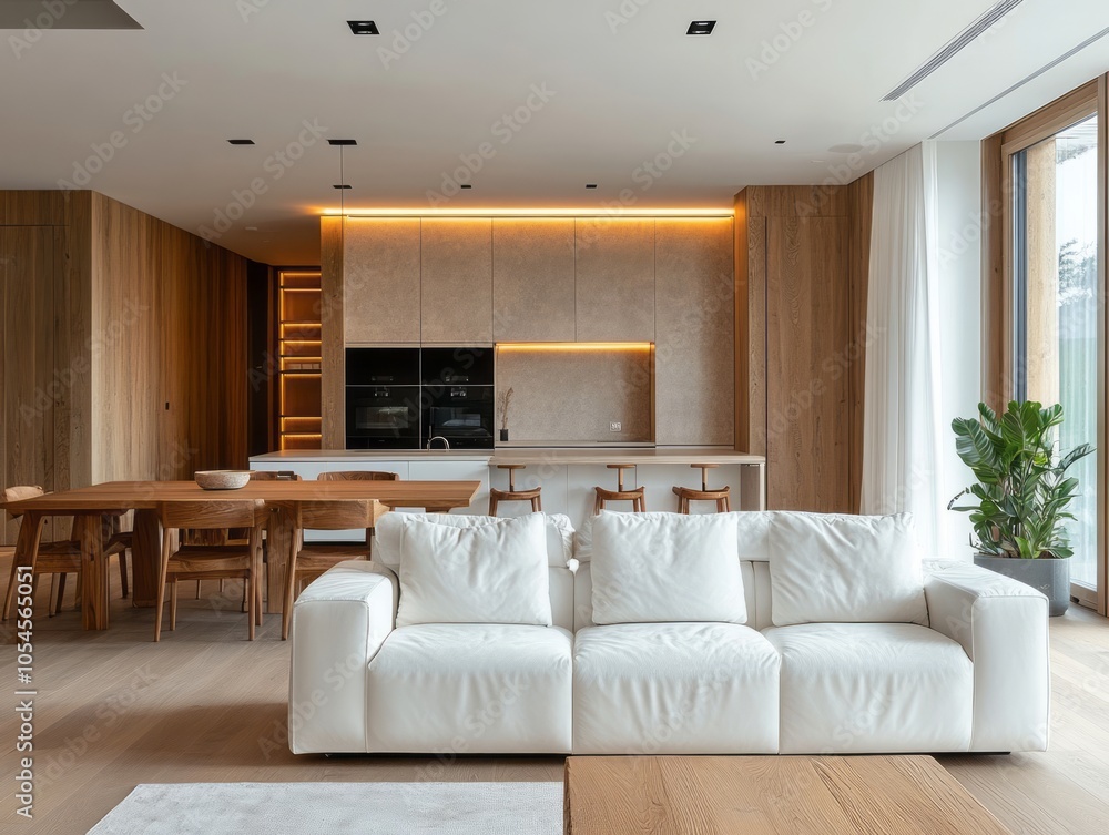 Fototapeta premium Minimalist combined dining and living room design with a white leather sofa