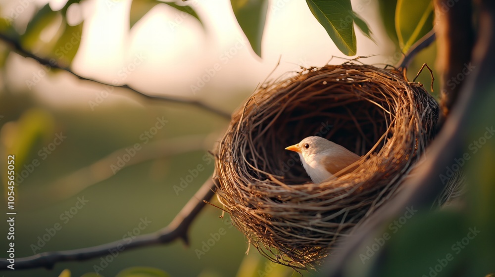 A small bird rests in its woven nest, nestled among the branches of a tree. A small bird rests in its woven nest, nestled among the branches of a tree.