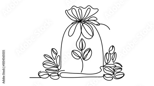 One continuous line illustration of a bag of coffee beans, isolated on white background.