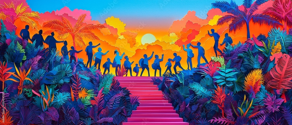 Vibrant Papercut Scene with Group of Employees Vibrant Papercut Scene with Group of Employees