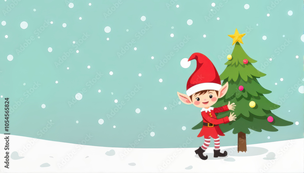Cheerful elf in festive mood decorating Christmas tree in snowy landscape with copy space Cheerful elf in festive mood decorating Christmas tree in snowy landscape with copy space