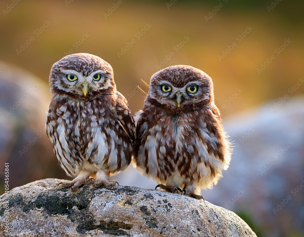 Two little owls (Athene noctua) sitting on a rock Two little owls (Athene noctua) sitting on a rock
