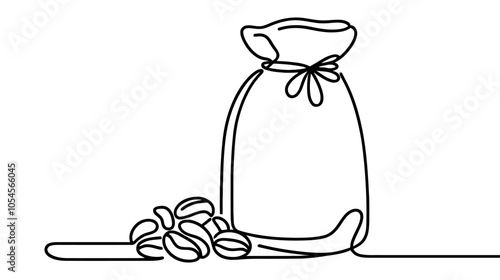 One continuous line illustration of a bag of coffee beans, isolated on white background.