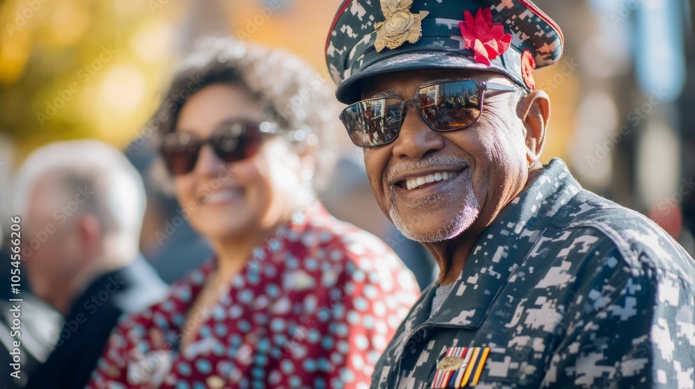 Joyful Veteran Smiling at Outdoor Event with Companion Joyful Veteran Smiling at Outdoor Event with Companion