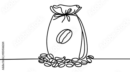 One continuous line illustration of a bag of coffee beans, isolated on white background.