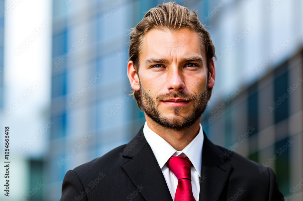 Confident businessman posing in front of office building Confident businessman posing in front of office building