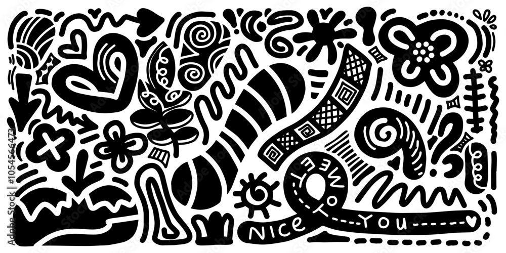 Fototapeta premium Naive cute abstract shapes sticker pack. Fun funky flowers, bubbles, stars, circles, eyes typography in trendy retro 90s cartoon style
