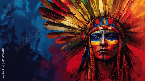 Vibrant Portrait of a Native American Warrior with Feathered Headdress