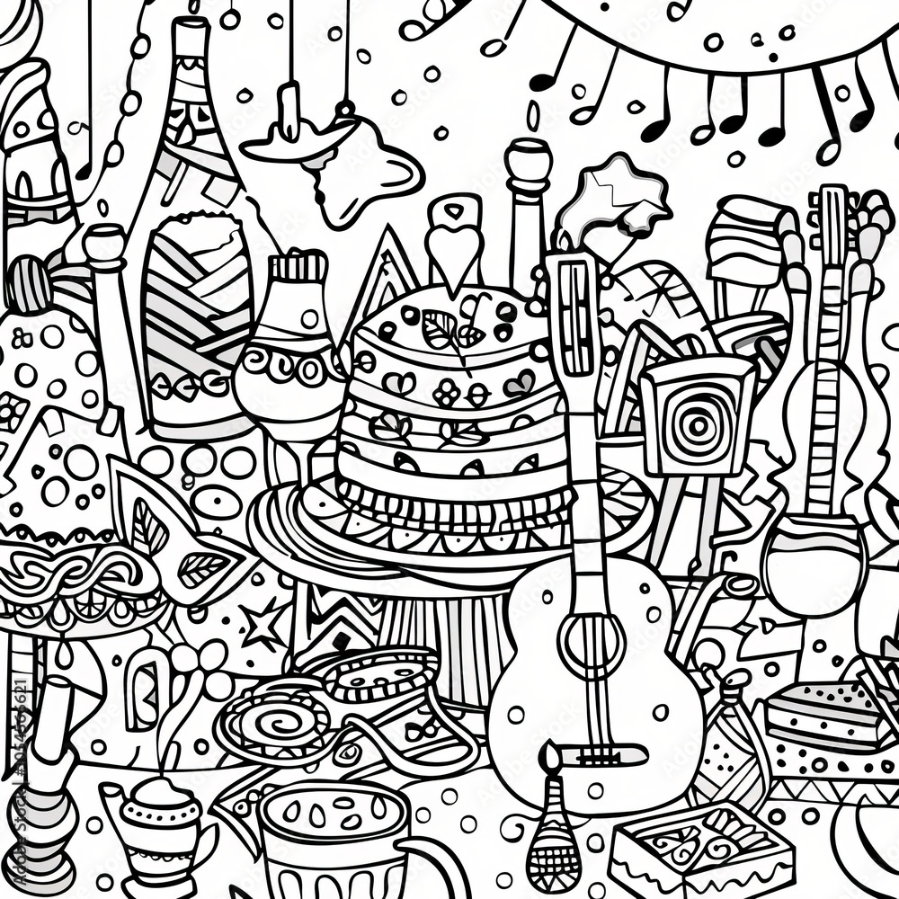 Obraz premium A detailed black and white illustration featuring a variety of objects, including musical instruments, a cake, and a teapot.