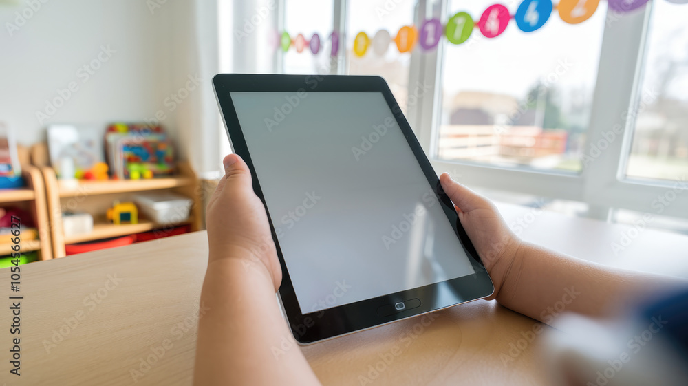 Fototapeta premium A child is holding a tablet with a blank screen. The tablet is on a wooden table in a room with a window