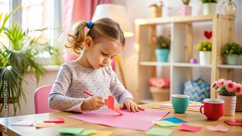 Young girl engaged in a craft activity, creating a heart shape from paper in a bright, cozy room. Surrounded by colorful papers and markers, she’s focused on her artwork, embodying creativity, learnin photo