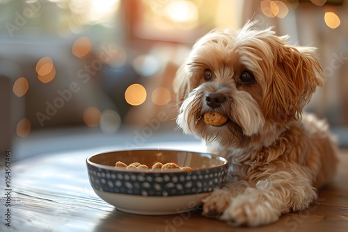 Lhasa Apso dog eating a treat at home