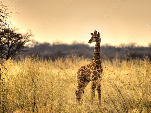 Photography Young giraffe in field looking around