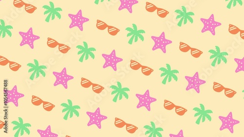 Patrón animado de vacaciones de verano en la playa con iconos de lentes de sol, estrellas de mar y palmeras