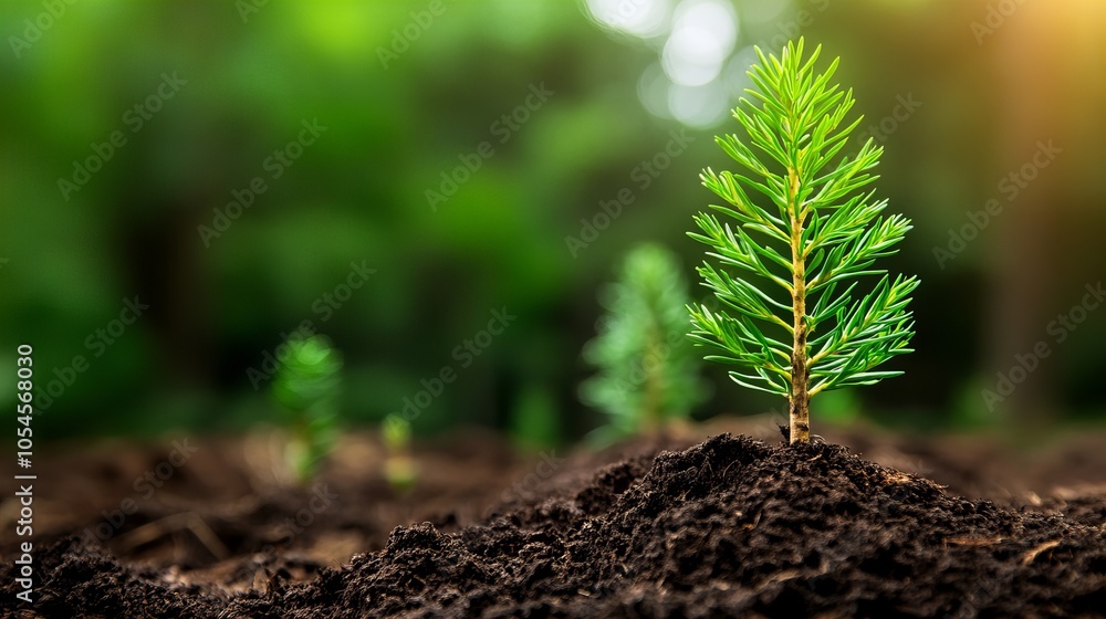 A young pine tree sapling, green and vibrant, stands tall in rich soil, a symbol of new life and growth. A young pine tree sapling, green and vibrant, stands tall in rich soil, a symbol of new life and growth.
