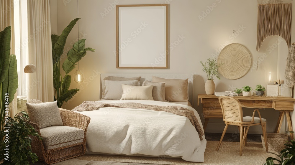 Fototapeta premium Modern Minimalist Bedroom Interior with Natural Elements