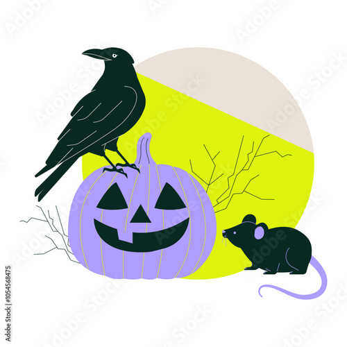 Halloween scene with a crow on a pumpkin, rat, and bare branches, flat vector illustration symbolizing spooky decor, haunted themes, and Halloween elements, isolated on white background photo