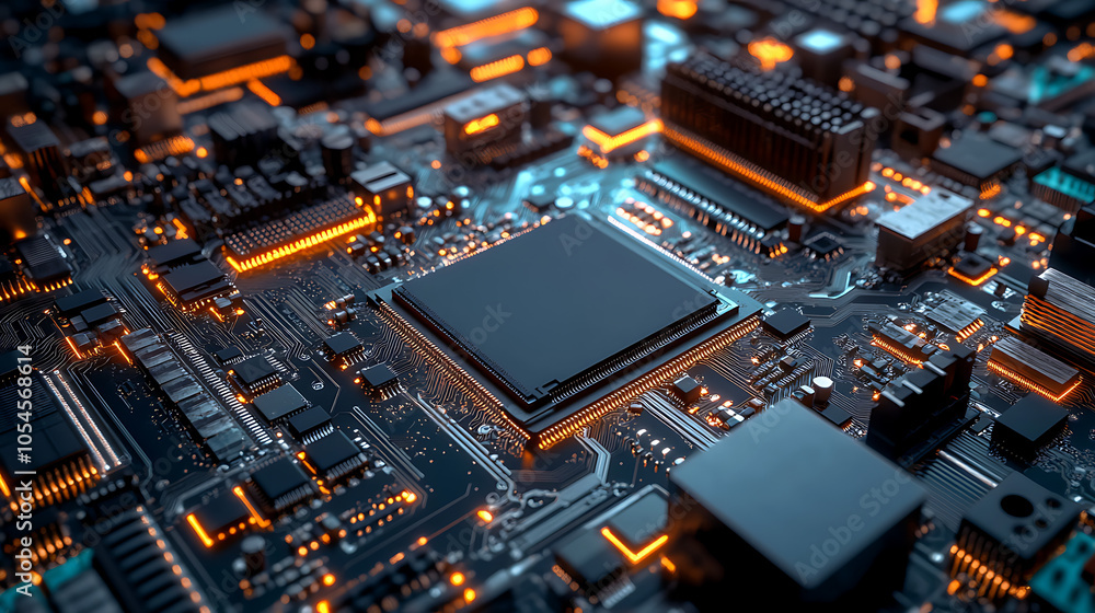 Close-up of a complex circuit board with glowing components, isolated on a dark background. Close-up of a complex circuit board with glowing components, isolated on a dark background.
