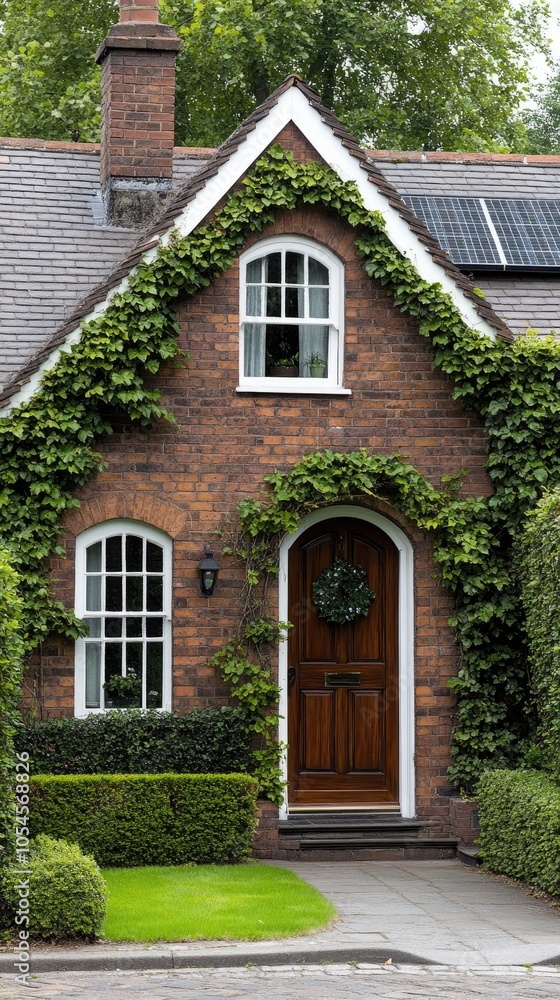 A contemporary residence with solar panels on the roof, decorative hedges in front, and a welcoming driveway under clear blue skies A contemporary residence with solar panels on the roof, decorative hedges in front, and a welcoming driveway under clear blue skies