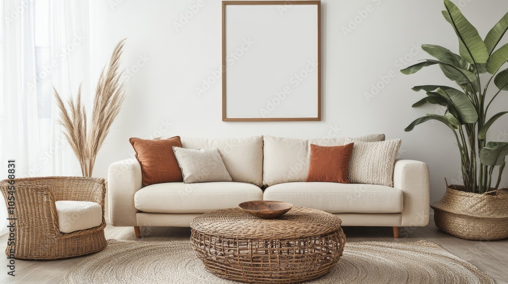 Modern Living Room with Cozy Sofa and Natural Elements Modern Living Room with Cozy Sofa and Natural Elements