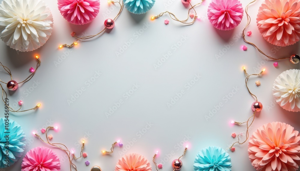 Copy space framed by beads, twinkle lights, pastel pom-poms Copy space framed by beads, twinkle lights, pastel pom-poms