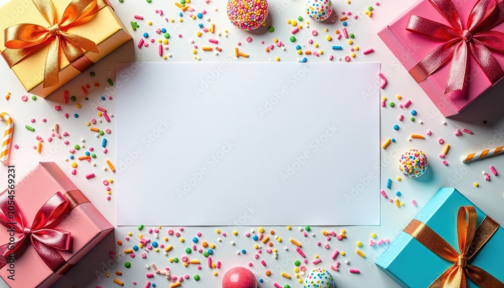 Copy space with metallic ribbons, party boxes, candy sprinkles Copy space with metallic ribbons, party boxes, candy sprinkles