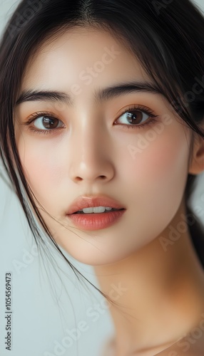 A Beautiful Asian Woman Close up on her face on white background