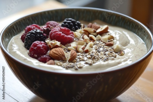 Delicious Berry and Nut Topped Yogurt Bowl in Natural Light