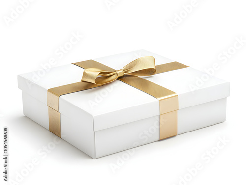 A white gift box with a gold ribbon and bow. The gift is ready for a special occasion.