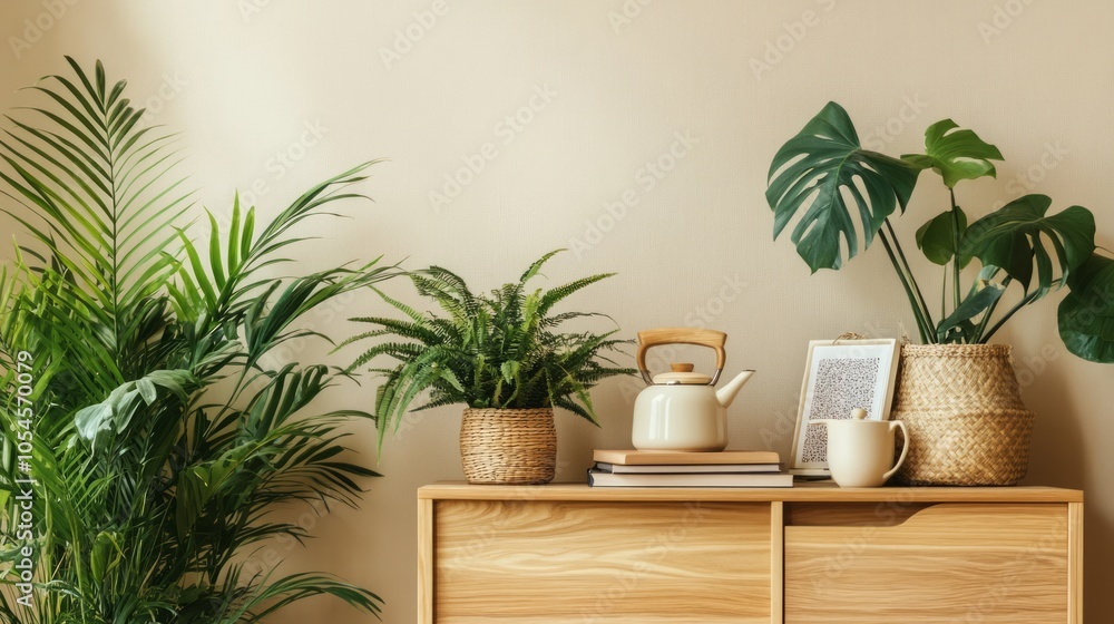 Stylish Living Room Decor with Indoor Plants and Natural Wood Furniture Stylish Living Room Decor with Indoor Plants and Natural Wood Furniture