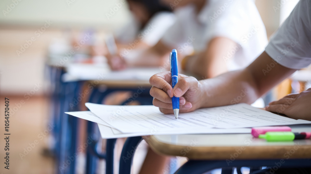 A person is writing with a blue pen on a piece of paper. The person is sitting at a desk with other people. The scene appears to be a classroom setting A person is writing with a blue pen on a piece of paper. The person is sitting at a desk with other people. The scene appears to be a classroom setting