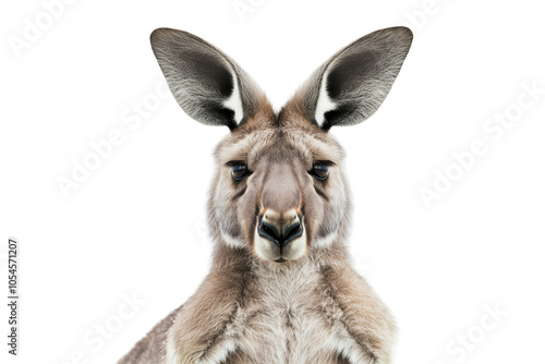 A full-body portrait of a kangaroo standing upright in a natural pose on a neutral background during daylight