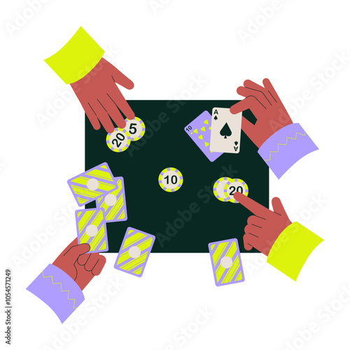 Poker game table with players holding cards and chips, gambling scene in flat vector illustration for casino, gambling, and card game concepts