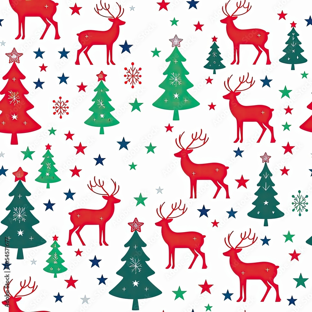 Seamless pattern with Christmas reindeer, trees, and red, green, and blue stars on a white background, celebrating the holiday season. Seamless pattern with Christmas reindeer, trees, and red, green, and blue stars on a white background, celebrating the holiday season.