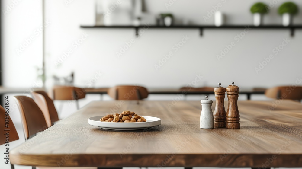 Modern Dining Table Setup with Salt and Pepper Shakers and Snacks Modern Dining Table Setup with Salt and Pepper Shakers and Snacks