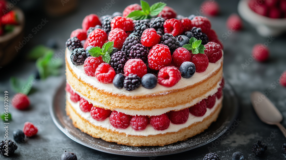 Layered berry cake topped with fresh raspberries, blackberries, and mint on a rustic plate Layered berry cake topped with fresh raspberries, blackberries, and mint on a rustic plate